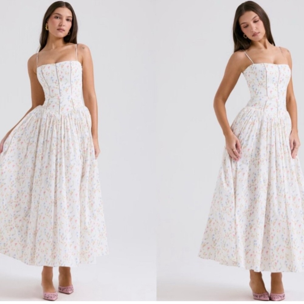 HOUSE OF CB' Ysabella' White Posy Print Cotton Maxi Sundress NWT